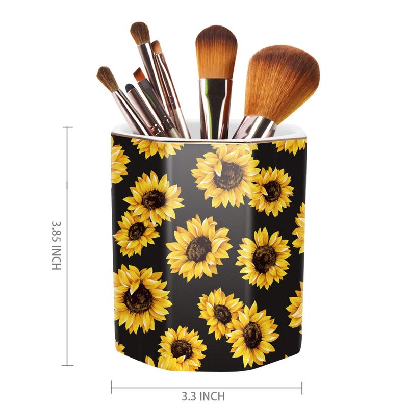 WAVEYU Pen Holder, Pencil Holder for Desk Floral Pattern Pencil Cup for Girls Kids Durable Ceramic Desk Organizer Makeup Brush Holder for Office, Classroom, Home, Sunflower - Image 3